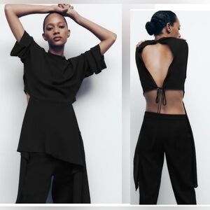 Zara Black Asymmetric Flowing Cut Out Open Back Blouse Top Tie Back NWOT